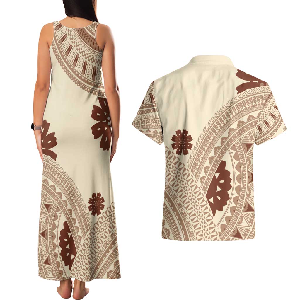Bula Fiji Classic Masi Tapa Couples Matching Tank Maxi Dress and Hawaiian Shirt Vintage Beige - Polynesian Pride