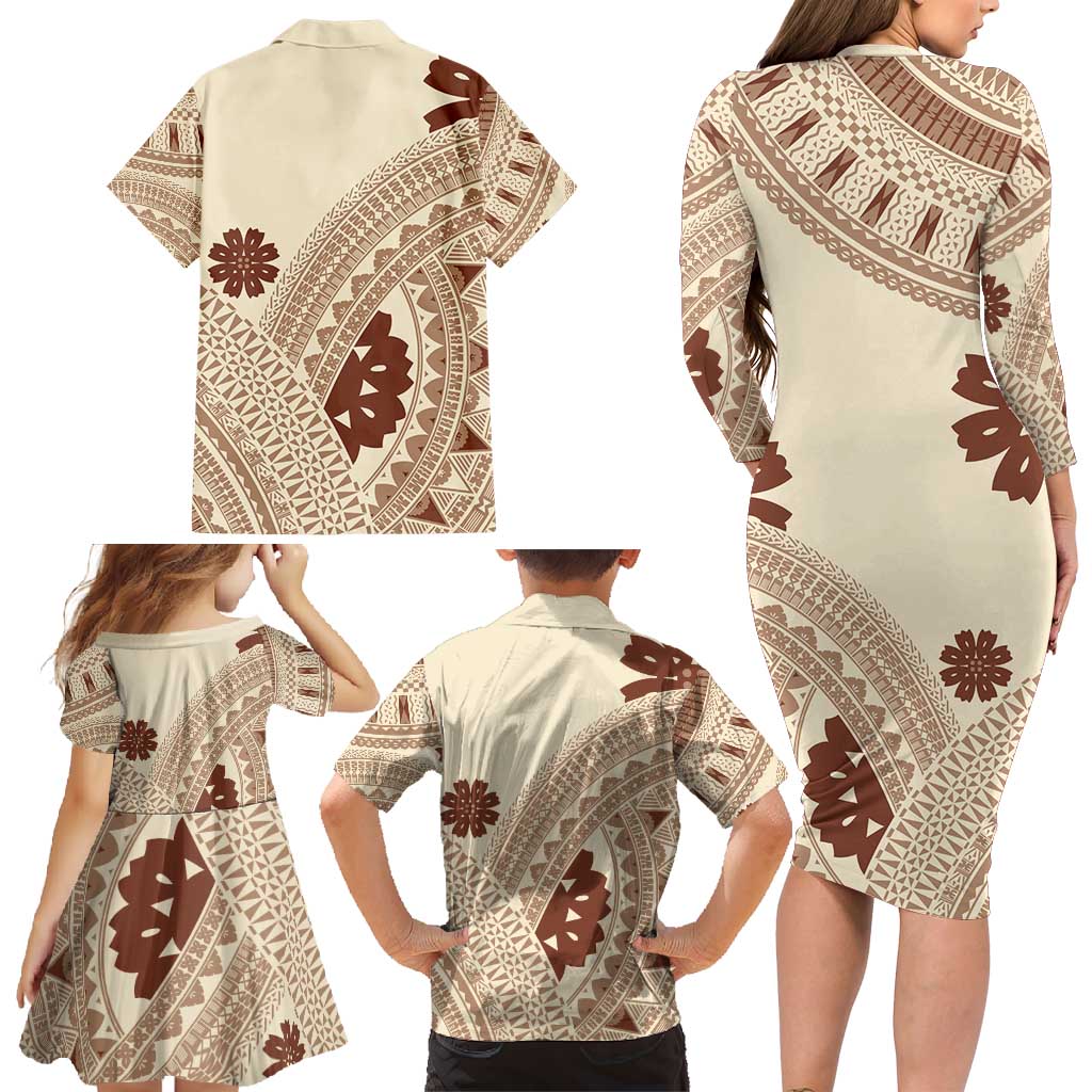 Bula Fiji Classic Masi Tapa Family Matching Long Sleeve Bodycon Dress and Hawaiian Shirt Vintage Beige - Polynesian Pride