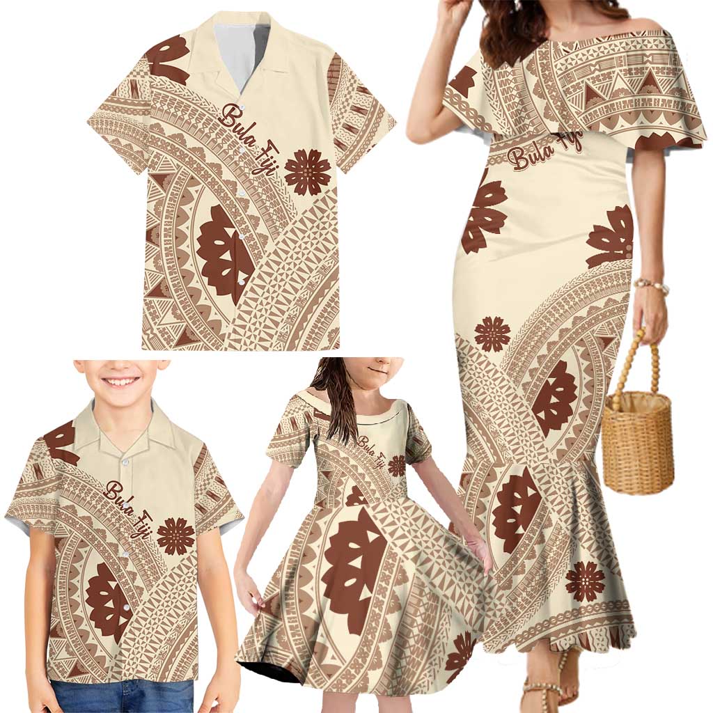 Bula Fiji Classic Masi Tapa Family Matching Mermaid Dress and Hawaiian Shirt Vintage Beige - Polynesian Pride