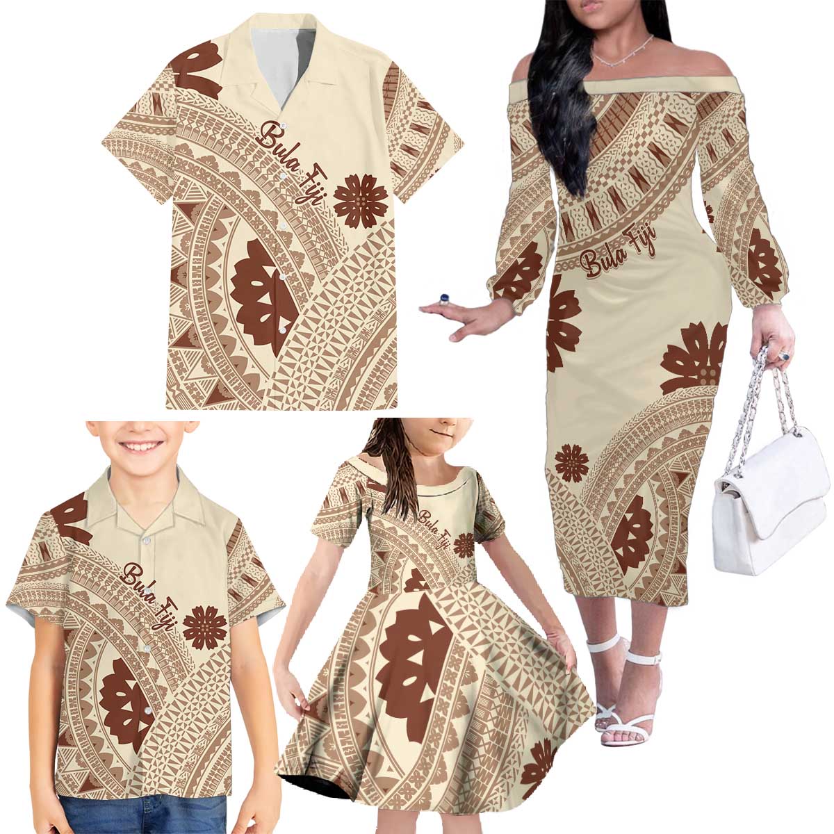 Bula Fiji Classic Masi Tapa Family Matching Off The Shoulder Long Sleeve Dress and Hawaiian Shirt Vintage Beige - Polynesian Pride