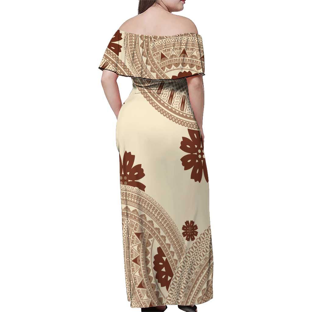 Bula Fiji Classic Masi Tapa Family Matching Off Shoulder Maxi Dress and Hawaiian Shirt Vintage Beige - Polynesian Pride