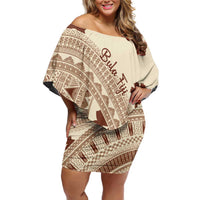 Bula Fiji Classic Masi Tapa Family Matching Off Shoulder Short Dress and Hawaiian Shirt Vintage Beige - Polynesian Pride