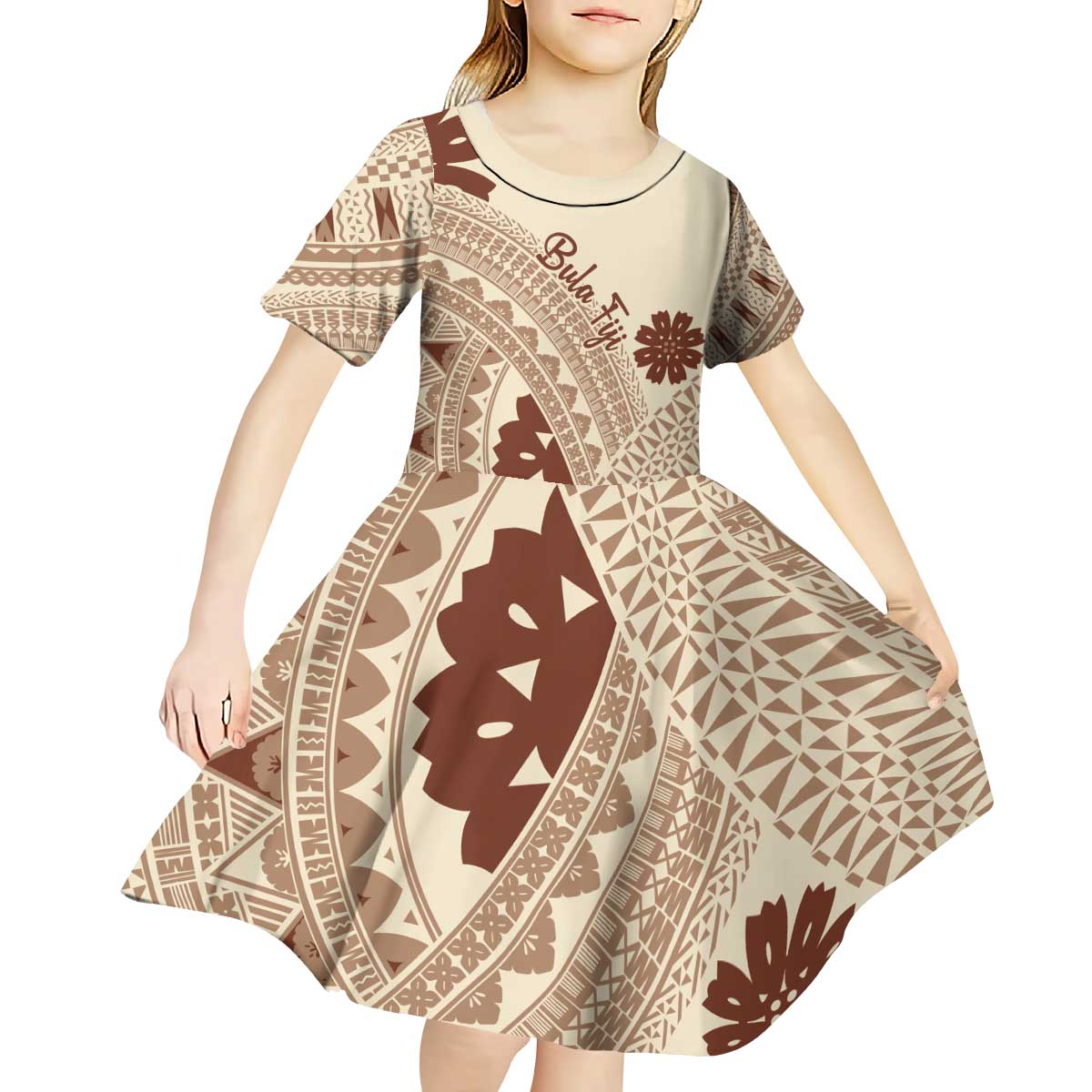 Bula Fiji Classic Masi Tapa Kid Short Sleeve Dress Vintage Beige - Polynesian Pride