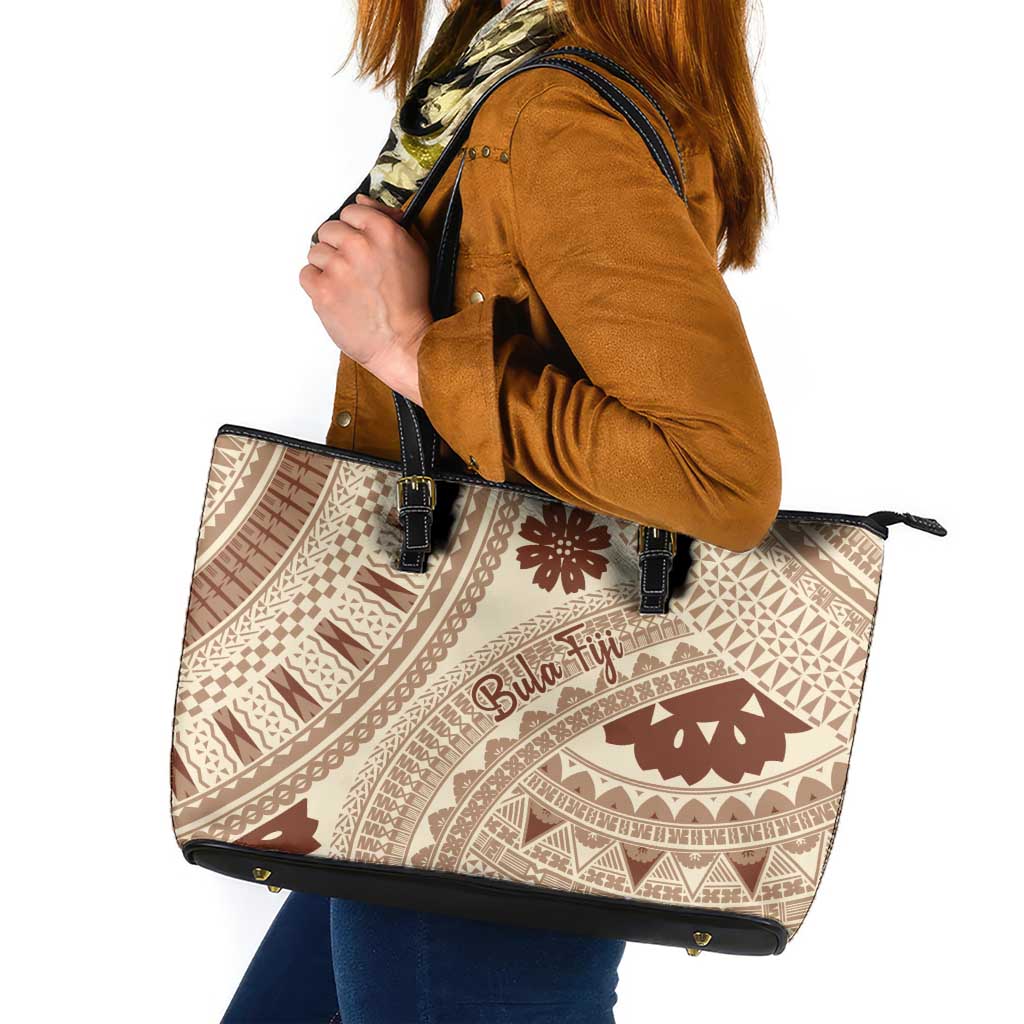 Bula Fiji Classic Masi Tapa Leather Tote Bag Vintage Beige - Polynesian Pride