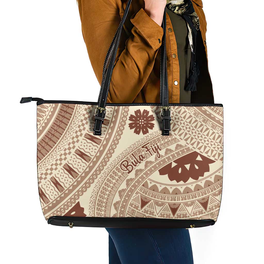 Bula Fiji Classic Masi Tapa Leather Tote Bag Vintage Beige - Polynesian Pride
