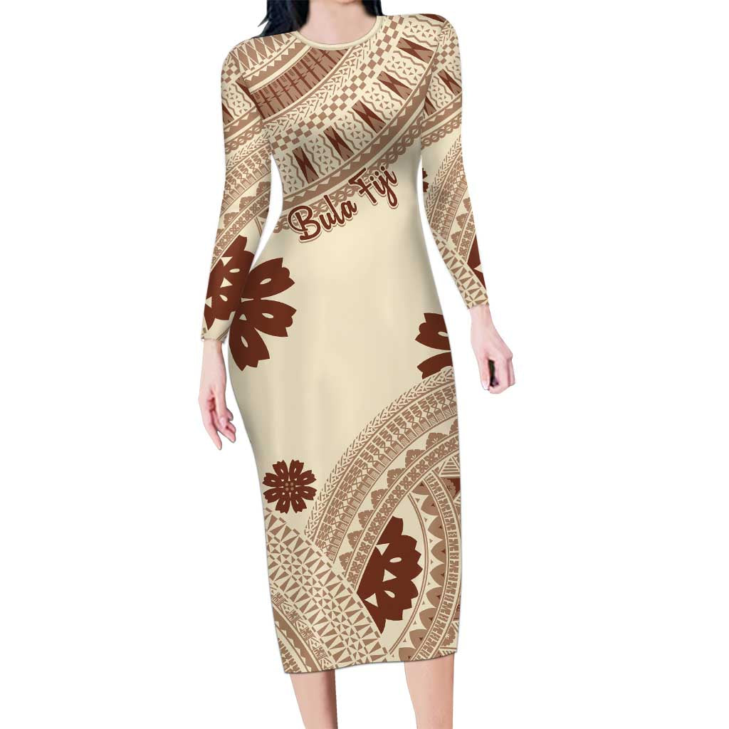 Bula Fiji Classic Masi Tapa Long Sleeve Bodycon Dress Vintage Beige - Polynesian Pride Bula Fiji Classic Masi Tapa Long Sleeve Bodycon Dress Vintage Beige - Polynesian Pride