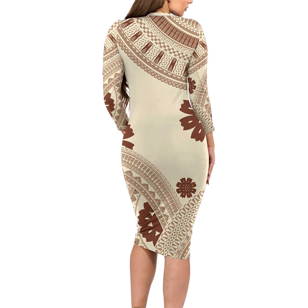 Bula Fiji Classic Masi Tapa Long Sleeve Bodycon Dress Vintage Beige - Polynesian Pride Bula Fiji Classic Masi Tapa Long Sleeve Bodycon Dress Vintage Beige - Polynesian Pride