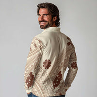 Bula Fiji Classic Masi Tapa Long Sleeve Polo Shirt Vintage Beige - Polynesian Pride