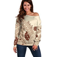 Bula Fiji Classic Masi Tapa Off Shoulder Sweater Vintage Beige - Polynesian Pride