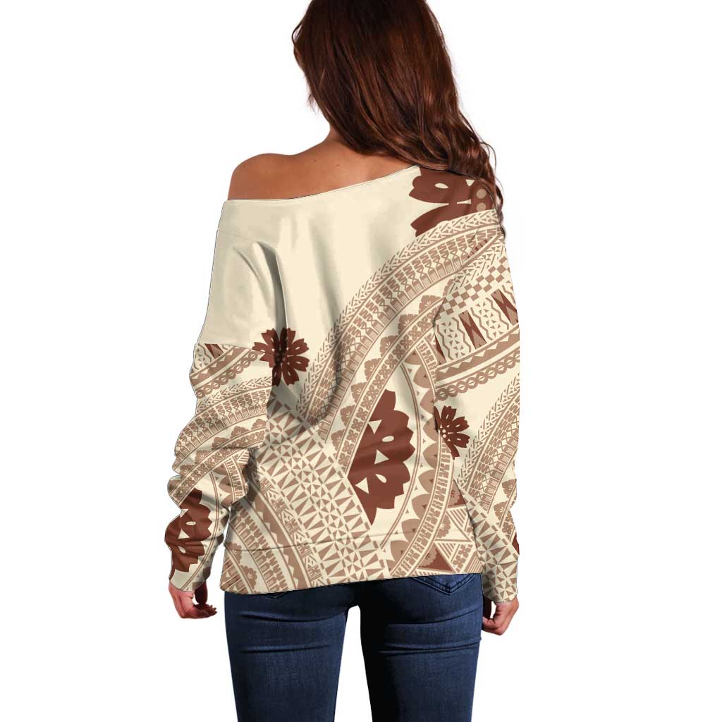 Bula Fiji Classic Masi Tapa Off Shoulder Sweater Vintage Beige - Polynesian Pride