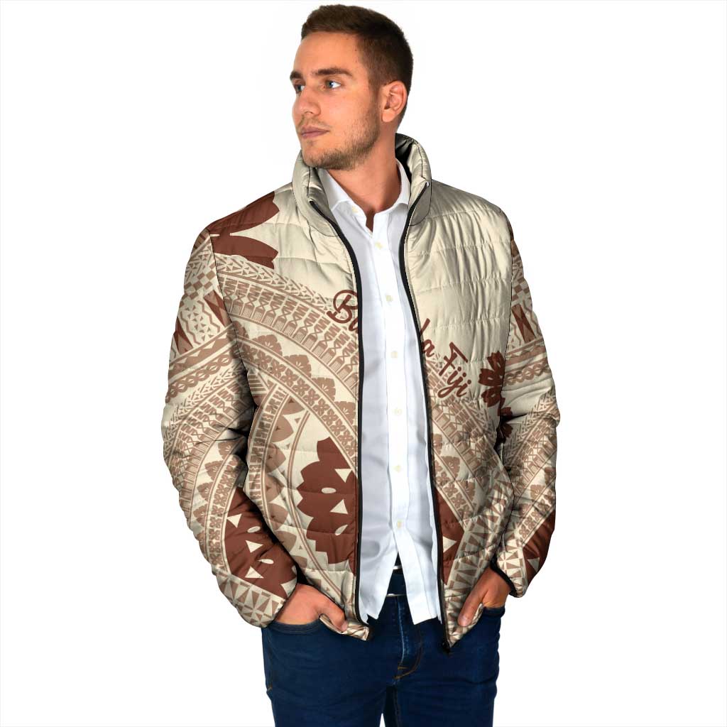 Bula Fiji Classic Masi Tapa Padded Jacket Vintage Beige - Polynesian Pride