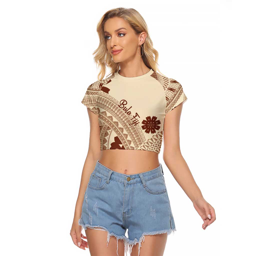 Bula Fiji Classic Masi Tapa Raglan Cropped T Shirt Vintage Beige - Polynesian Pride