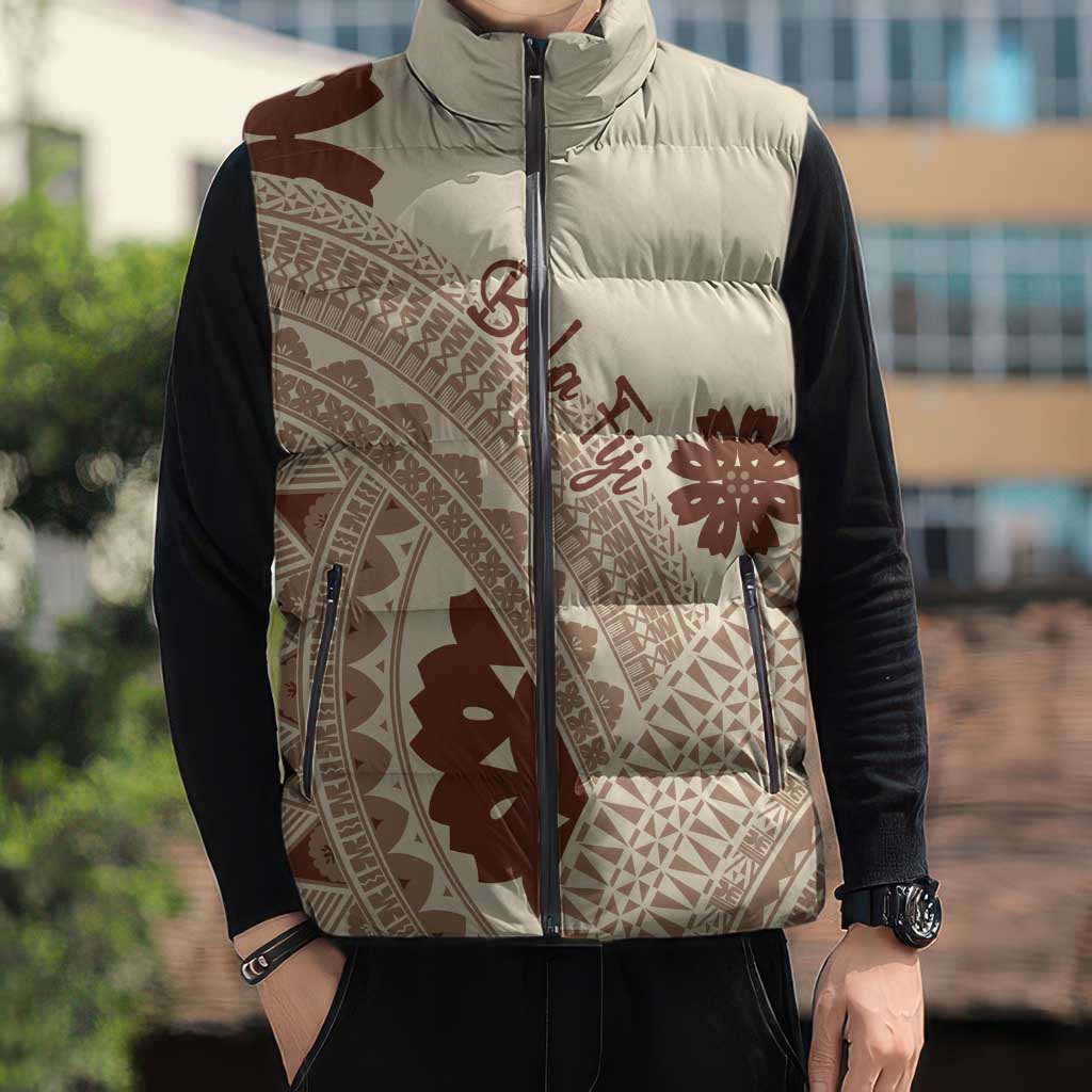 Bula Fiji Classic Masi Tapa Sleeveless Puffer Jacket Vintage Beige - Polynesian Pride