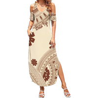 Bula Fiji Classic Masi Tapa Summer Maxi Dress Vintage Beige - Polynesian Pride