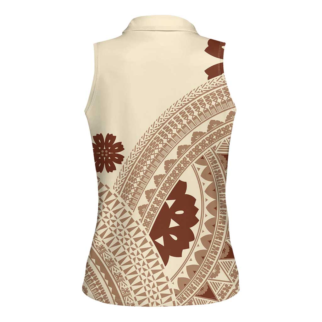 Bula Fiji Classic Masi Tapa Women Sleeveless Polo Shirt Vintage Beige - Polynesian Pride