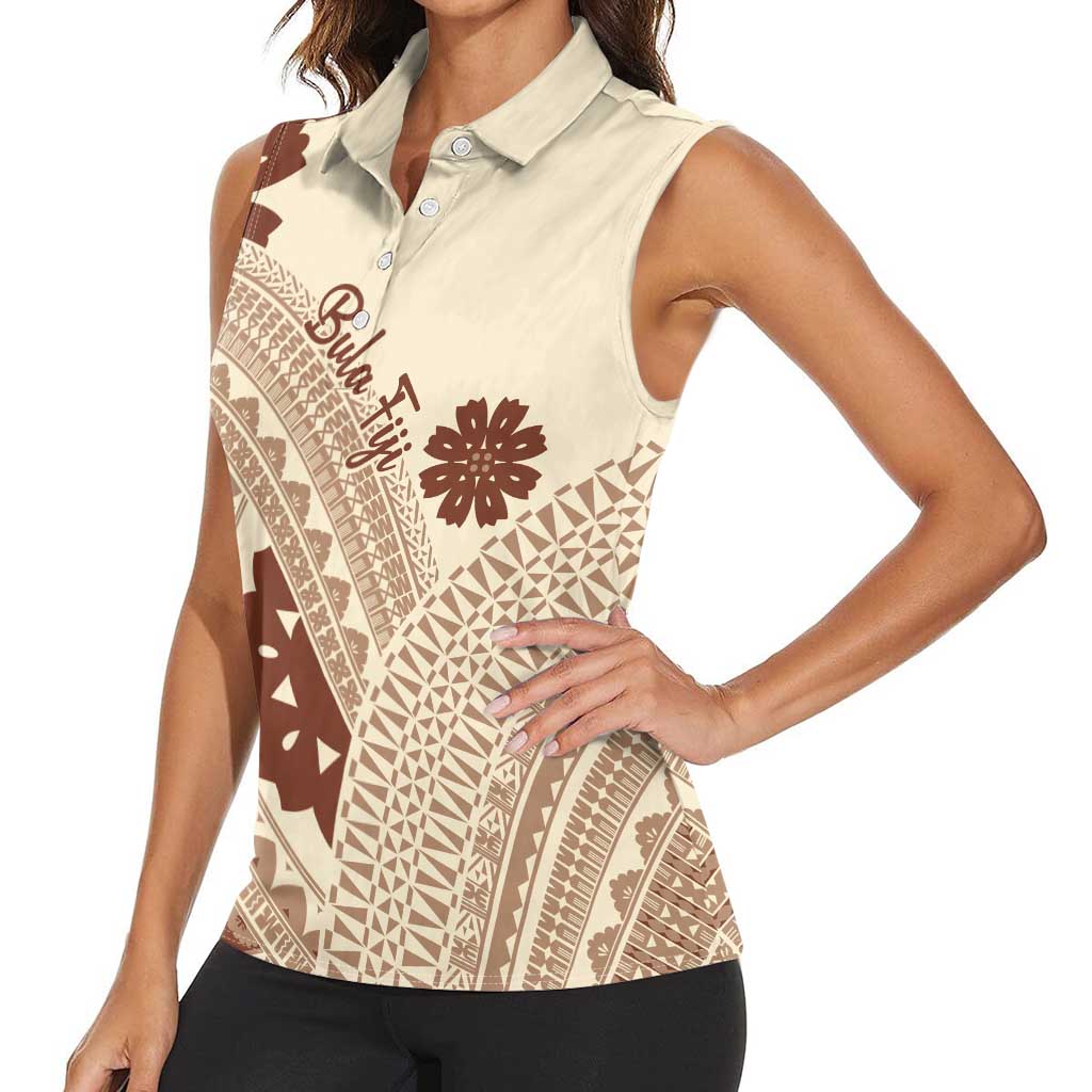 Bula Fiji Classic Masi Tapa Women Sleeveless Polo Shirt Vintage Beige - Polynesian Pride