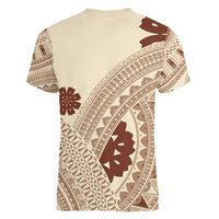 Bula Fiji Classic Masi Tapa Women V-Neck T-Shirt Vintage Beige - Polynesian Pride