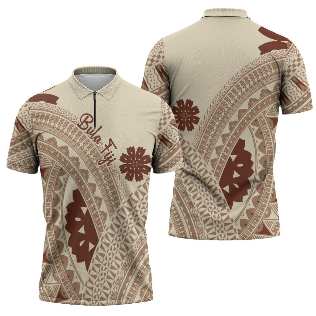 Bula Fiji Classic Masi Tapa Zipper Polo Shirt Vintage Beige - Polynesian Pride