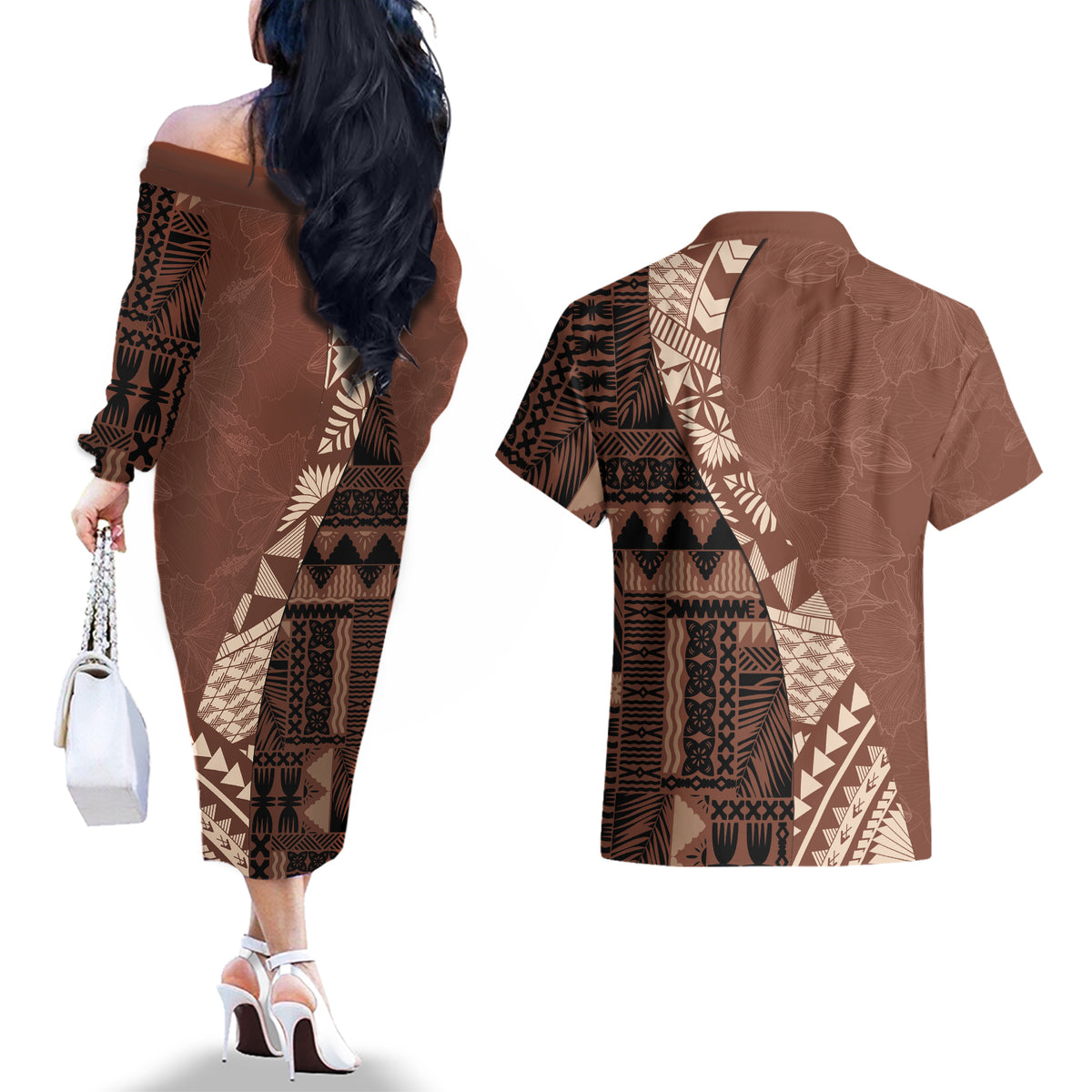 Bula Fiji Couples Matching Off The Shoulder Long Sleeve Dress and Hawaiian Shirt Tribal Masi Tapa - Brown LT7 - Polynesian Pride