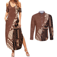 Bula Fiji Couples Matching Summer Maxi Dress and Long Sleeve Button Shirt Tribal Masi Tapa - Brown LT7 Brown - Polynesian Pride