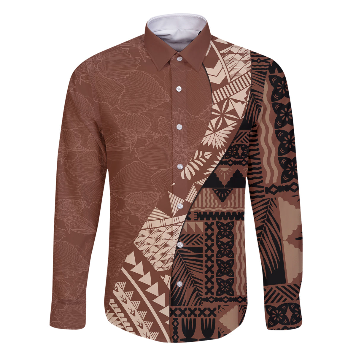 Bula Fiji Family Matching Long Sleeve Bodycon Dress and Hawaiian Shirt Tribal Masi Tapa - Brown LT7 Dad's Shirt - Long Sleeve Brown - Polynesian Pride