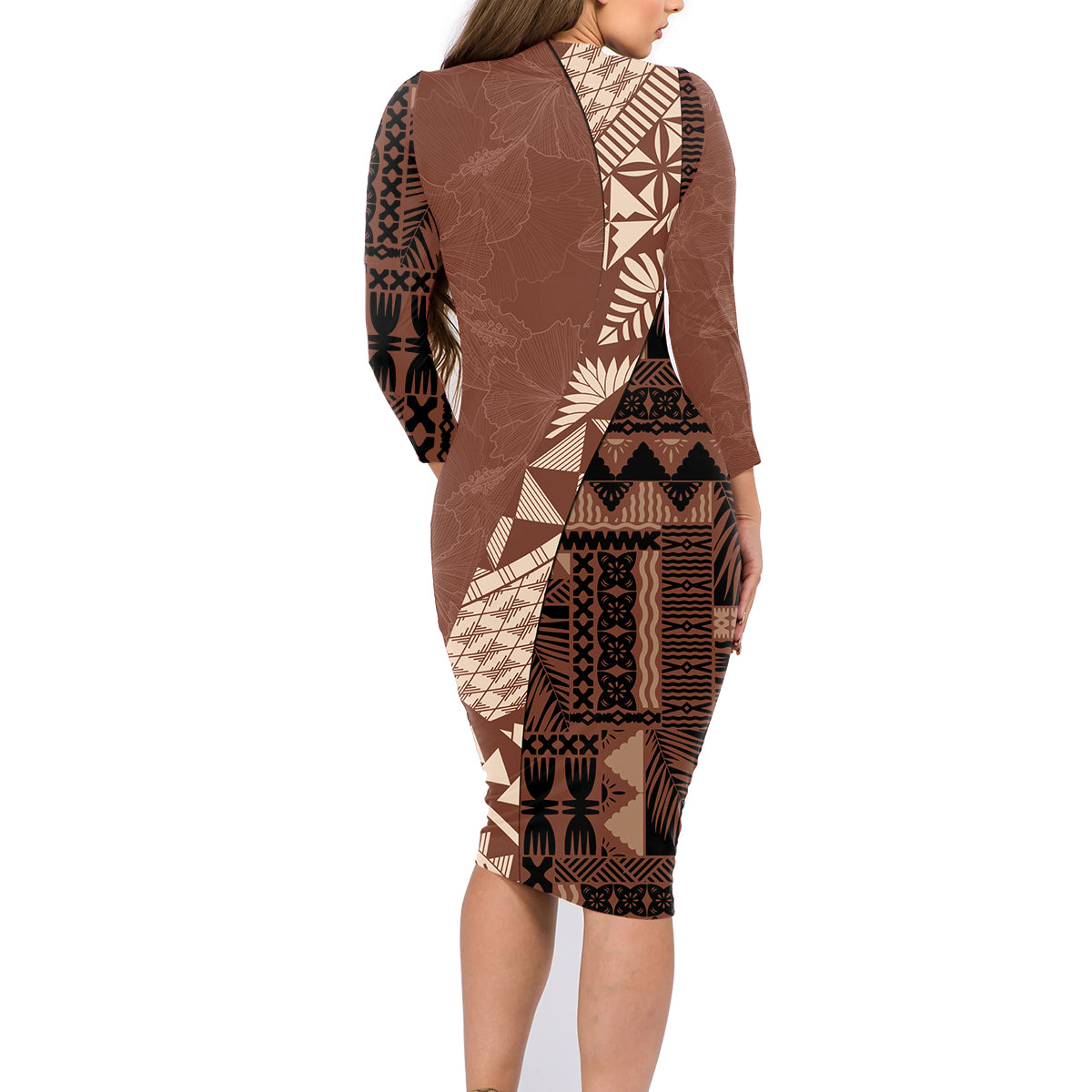 Bula Fiji Family Matching Long Sleeve Bodycon Dress and Hawaiian Shirt Tribal Masi Tapa - Brown LT7 - Polynesian Pride