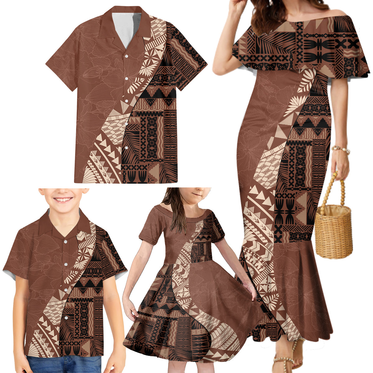 Bula Fiji Family Matching Mermaid Dress and Hawaiian Shirt Tribal Masi Tapa - Brown LT7 - Polynesian Pride