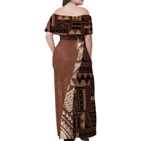 Bula Fiji Family Matching Off Shoulder Maxi Dress and Hawaiian Shirt Tribal Masi Tapa - Brown LT7 - Polynesian Pride