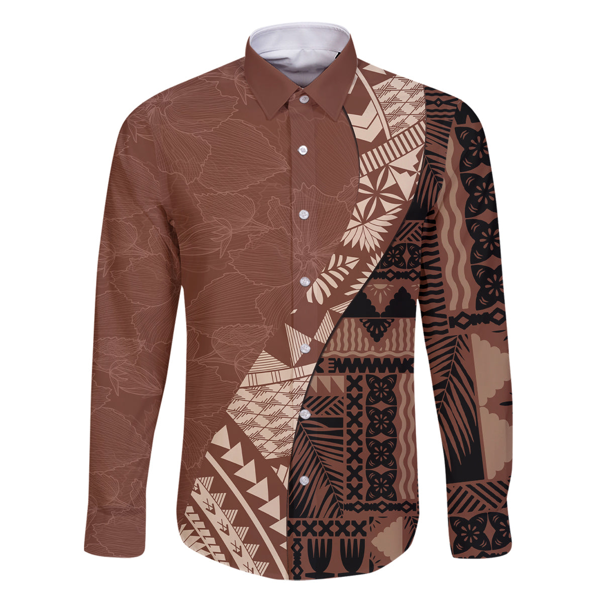 Bula Fiji Family Matching Puletasi Dress and Hawaiian Shirt Tribal Masi Tapa - Brown LT7 Dad's Shirt - Long Sleeve Brown - Polynesian Pride