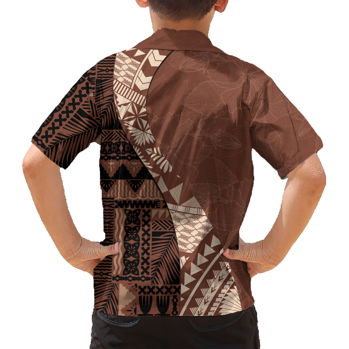 Bula Fiji Kid Hawaiian Shirt Tribal Masi Tapa - Brown LT7 - Polynesian Pride