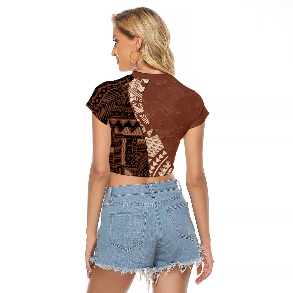 Bula Fiji Raglan Cropped T Shirt Tribal Masi Tapa - Brown LT7 - Polynesian Pride