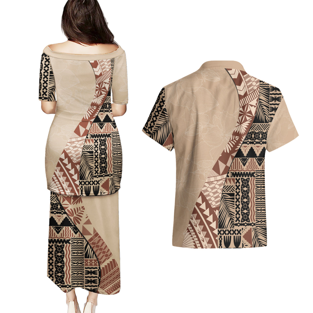 Bula Fiji Couples Matching Puletasi Dress and Hawaiian Shirt Tribal Masi Tapa - Beige LT7 - Polynesian Pride