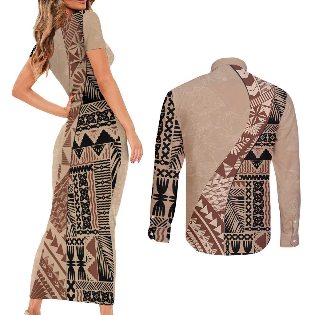 Bula Fiji Couples Matching Short Sleeve Bodycon Dress and Long Sleeve Button Shirt Tribal Masi Tapa - Beige LT7