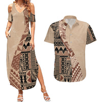 Bula Fiji Couples Matching Summer Maxi Dress and Hawaiian Shirt Tribal Masi Tapa - Beige LT7 Beige - Polynesian Pride