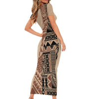 Bula Fiji Family Matching Short Sleeve Bodycon Dress and Hawaiian Shirt Tribal Masi Tapa - Beige LT7 - Polynesian Pride