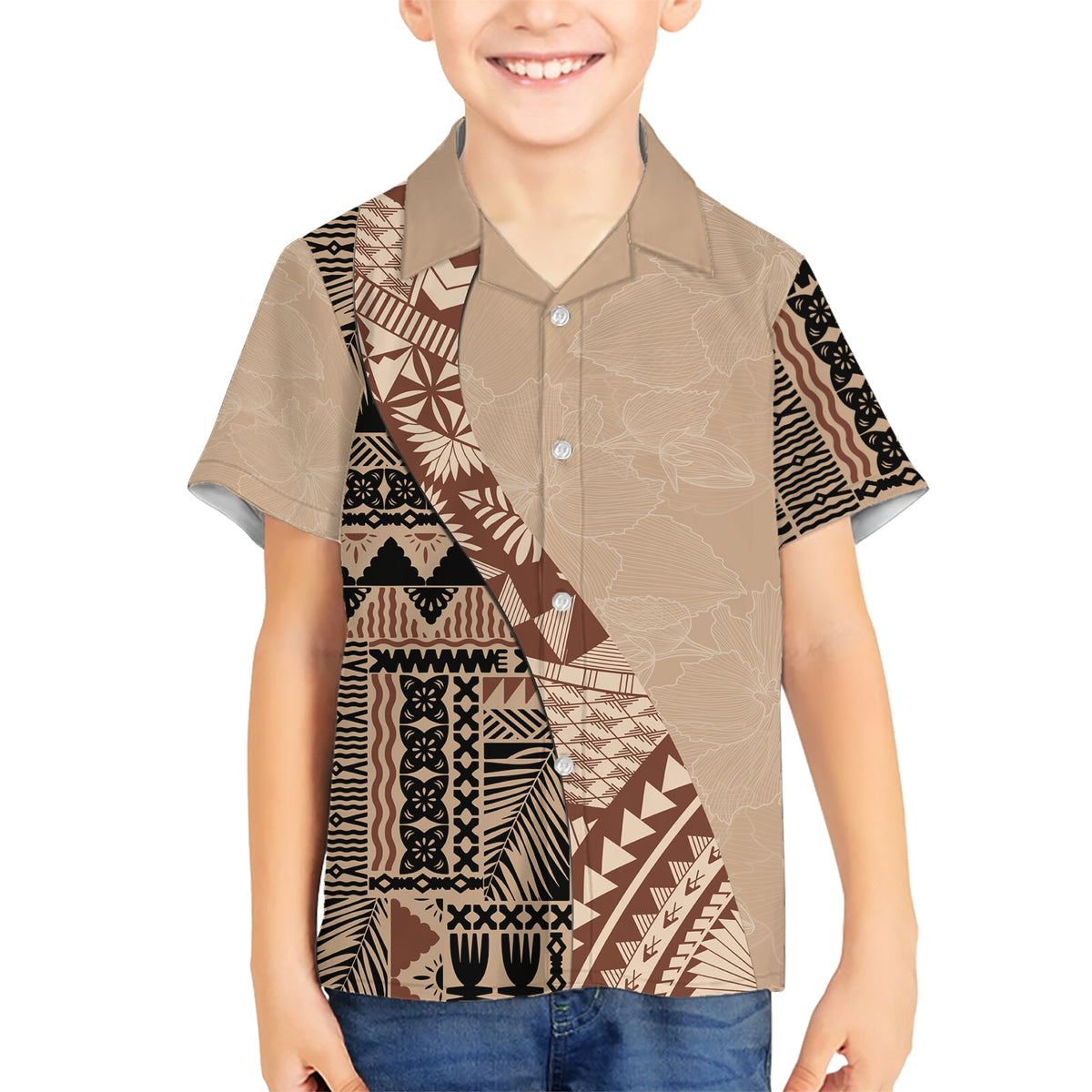 Bula Fiji Family Matching Short Sleeve Bodycon Dress and Hawaiian Shirt Tribal Masi Tapa - Beige LT7 Son's Shirt Beige - Polynesian Pride