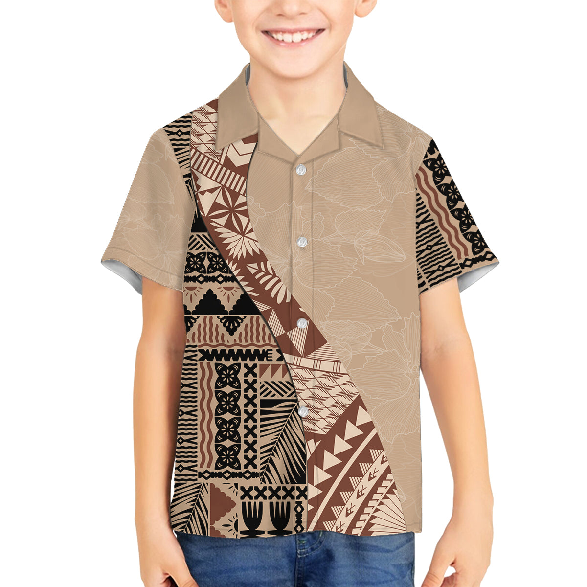 Bula Fiji Family Matching Summer Maxi Dress and Hawaiian Shirt Tribal Masi Tapa - Beige LT7 Son's Shirt Beige - Polynesian Pride