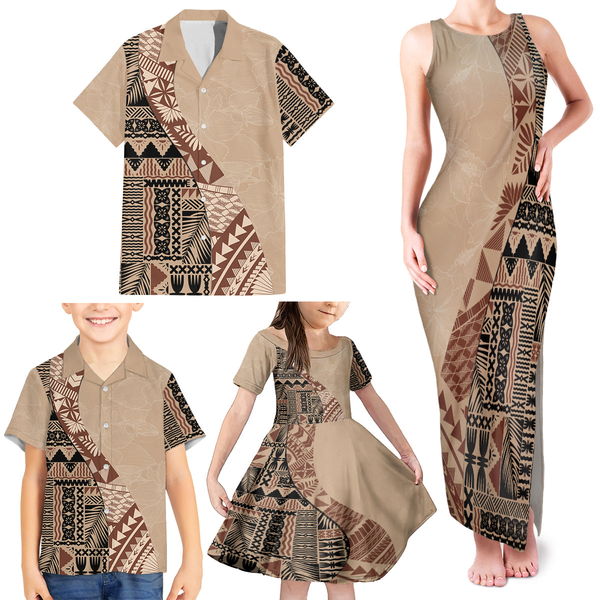 Bula Fiji Family Matching Tank Maxi Dress and Hawaiian Shirt Tribal Masi Tapa - Beige LT7 - Polynesian Pride