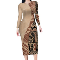 Bula Fiji Family Matching Long Sleeve Bodycon Dress and Hawaiian Shirt Tribal Masi Tapa - Beige LT7 Mom's Dress Beige - Polynesian Pride