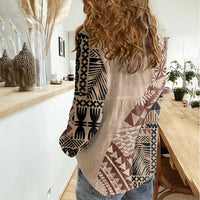 Bula Fiji Women Casual Shirt Tribal Masi Tapa - Beige LT7 - Polynesian Pride
