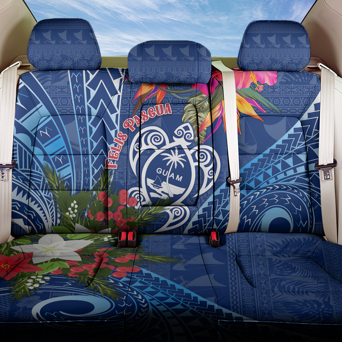 Guam Christmas Back Car Seat Cover Turtle Mix Tapa Felis Pasgua LT7 One Size Blue - Polynesian Pride