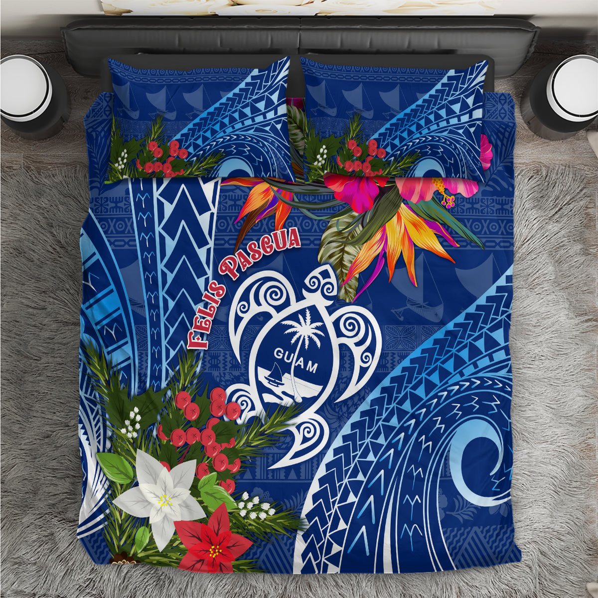 Guam Christmas Bedding Set Turtle Mix Tapa Felis Pasgua LT7 Blue - Polynesian Pride