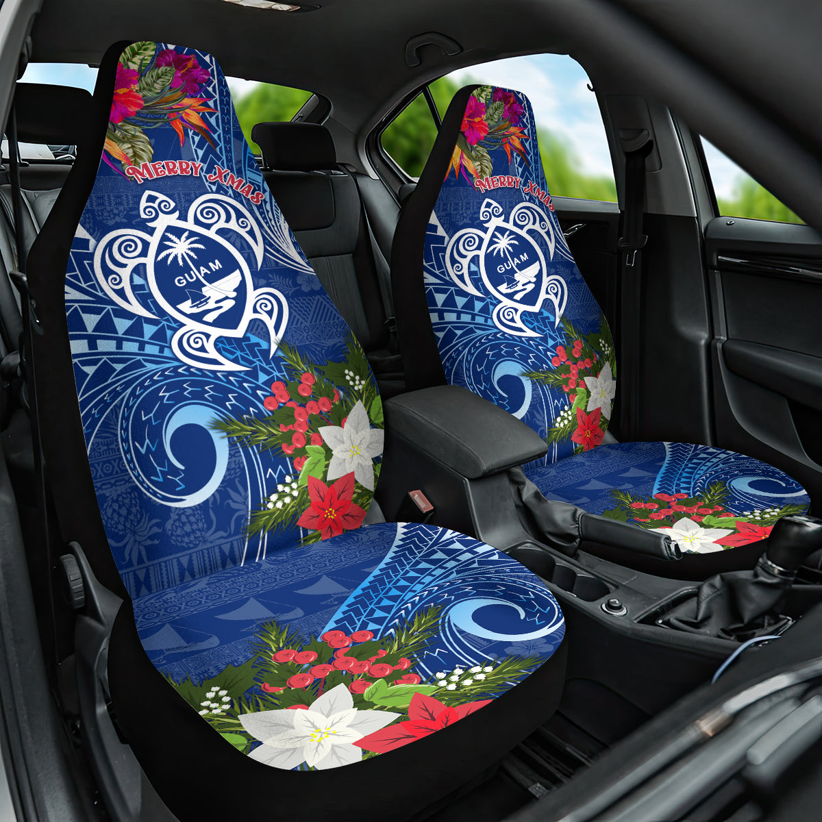 Guam Christmas Car Seat Cover Turtle Mix Tapa Felis Pasgua LT7 One Size Blue - Polynesian Pride