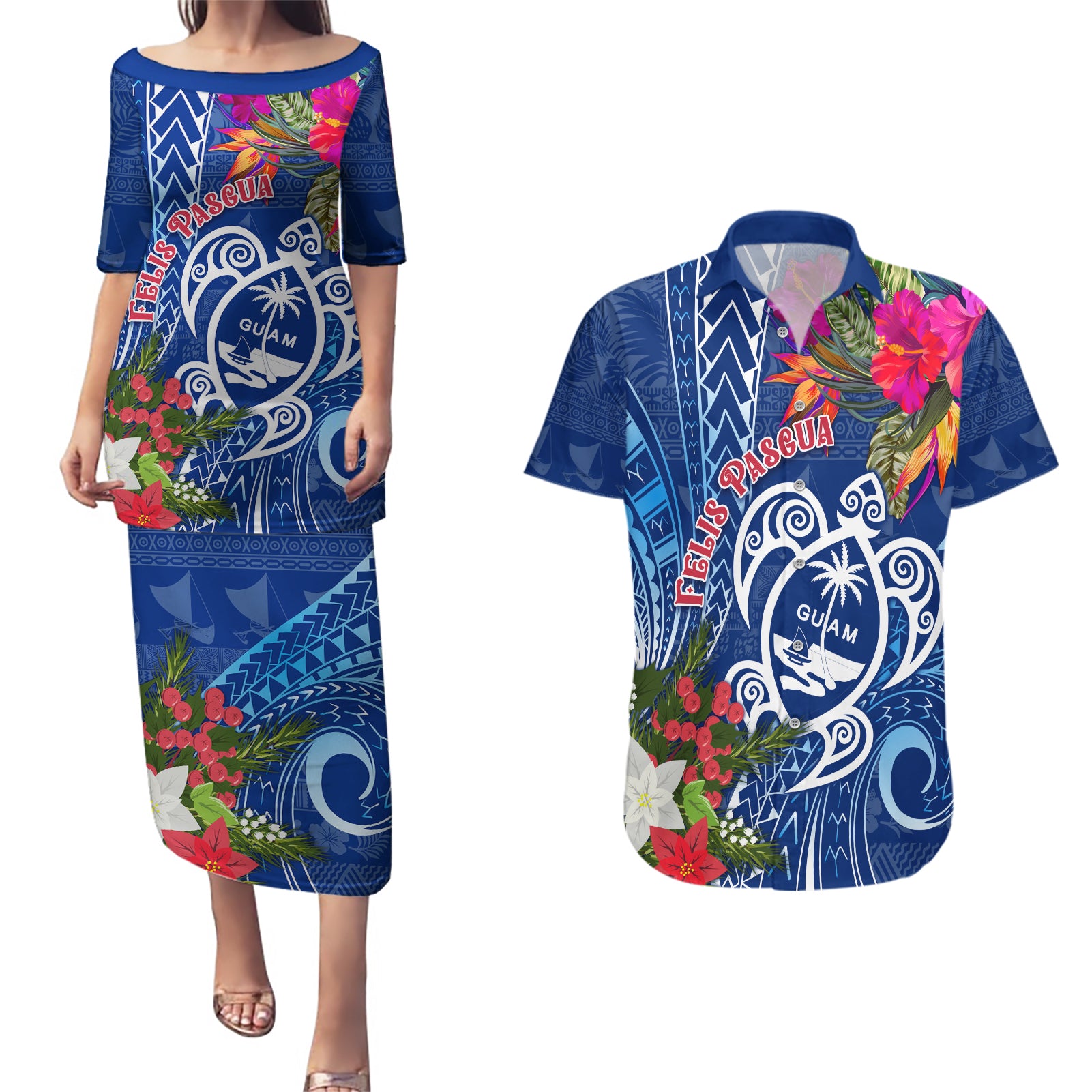 Guam Christmas Couples Matching Puletasi Dress and Hawaiian Shirt Turtle Mix Tapa Felis Pasgua LT7 Blue - Polynesian Pride