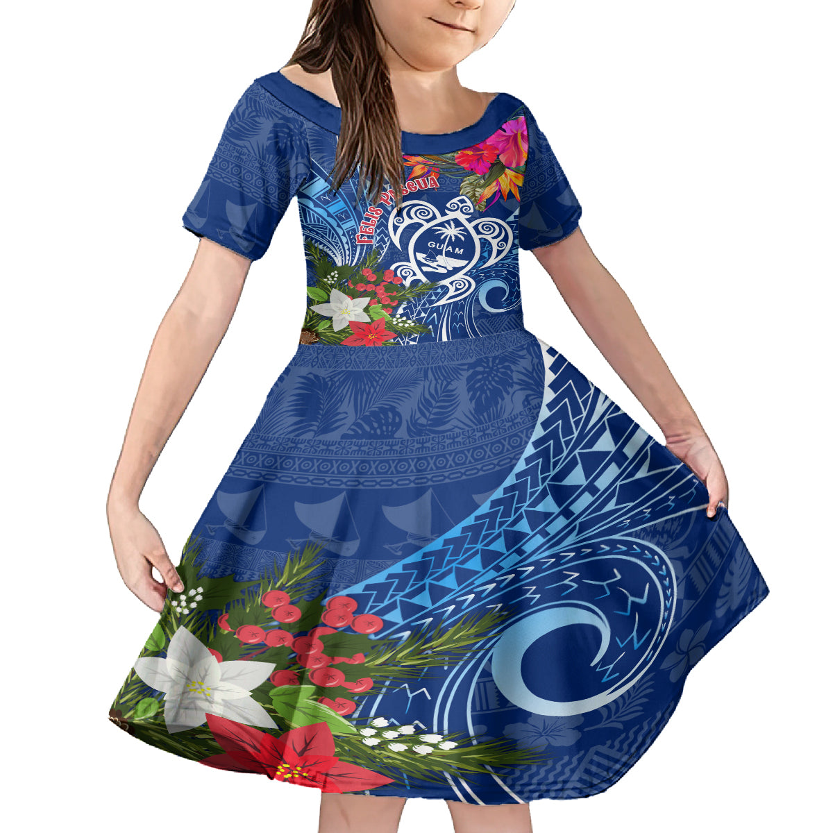 Guam Christmas Family Matching Off Shoulder Maxi Dress and Hawaiian Shirt Turtle Mix Tapa Felis Pasgua LT7 Daughter's Dress Blue - Polynesian Pride