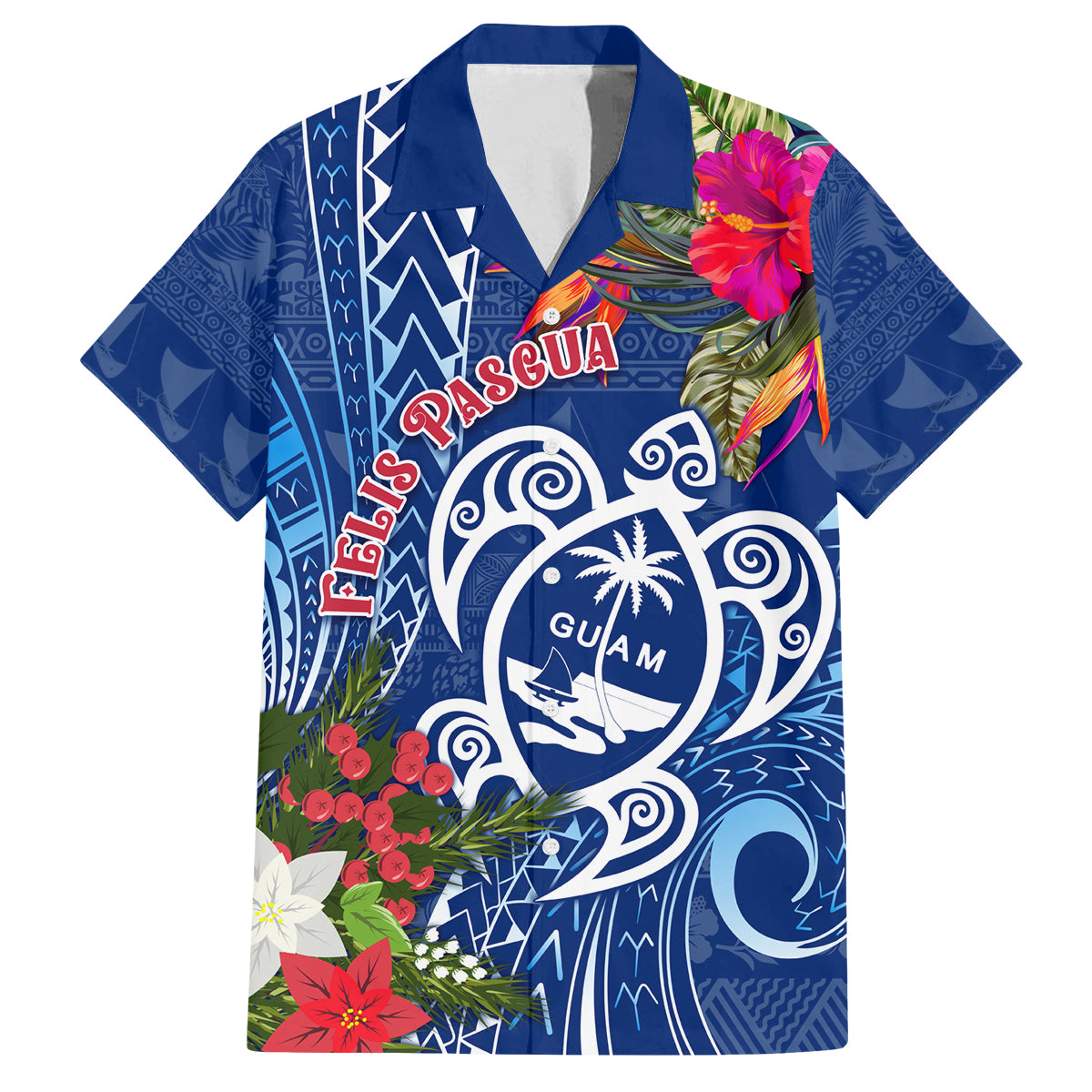 Guam Christmas Family Matching Tank Maxi Dress and Hawaiian Shirt Turtle Mix Tapa Felis Pasgua LT7 Dad's Shirt - Short Sleeve Blue - Polynesian Pride