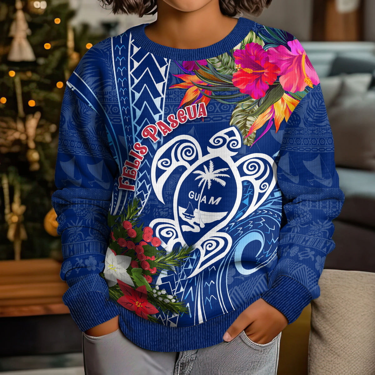 Guam Christmas Kid Ugly Christmas Sweater Turtle Mix Tapa Felis Pasgua LT7 - Polynesian Pride