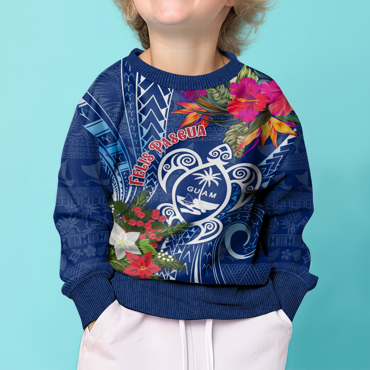 Guam Christmas Kid Ugly Christmas Sweater Turtle Mix Tapa Felis Pasgua LT7 - Polynesian Pride