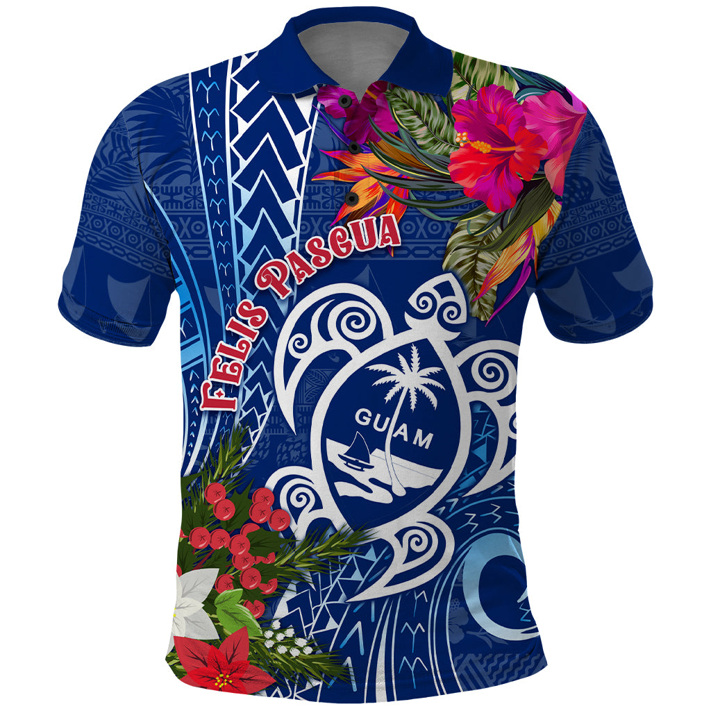 Guam Christmas Polo Shirt Turtle Mix Tapa Felis Pasgua LT7 Blue - Polynesian Pride