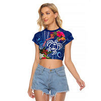 Guam Christmas Raglan Cropped T Shirt Turtle Mix Tapa Felis Pasgua LT7 Female Blue - Polynesian Pride
